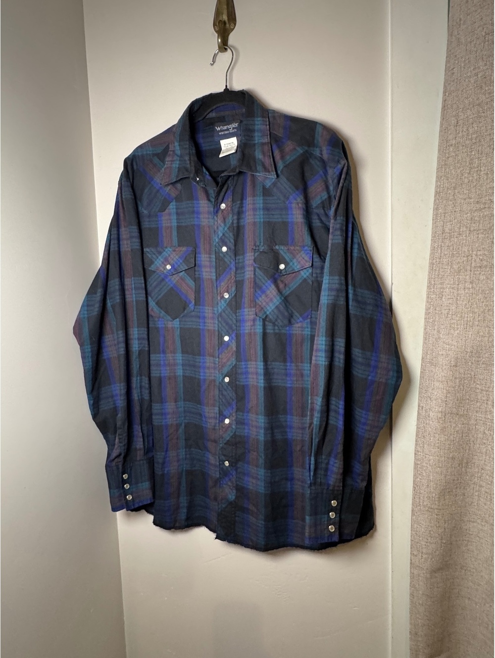 Vintage Wrangler Western Shirt Men's Size XLT -Pearl Snap Plaid Long Sleeve